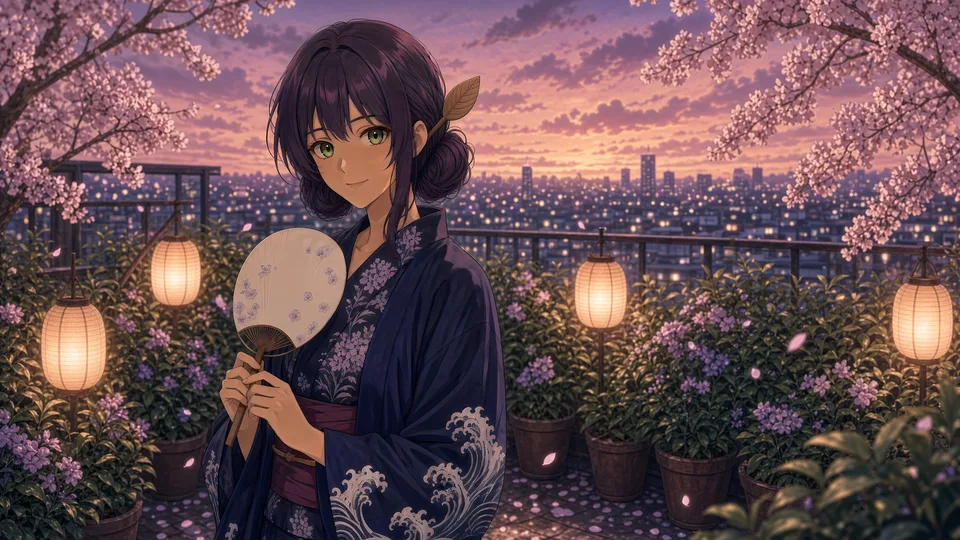 Hanae in a navy floral yukata holding a paper fan beneath lanterns