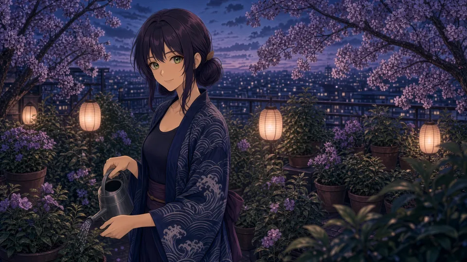 Hanae watering flowers in a rooftop garden at blue hour